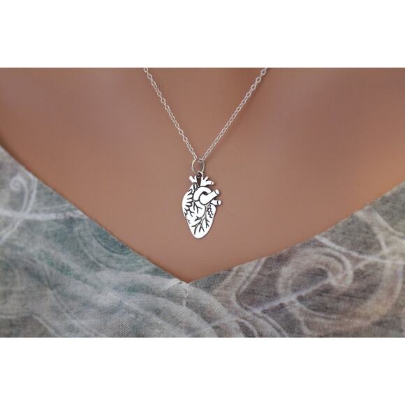 Sterling Silver Anatomical Heart Charm - Etched Heart Charm Necklace - Picture 1 of 3